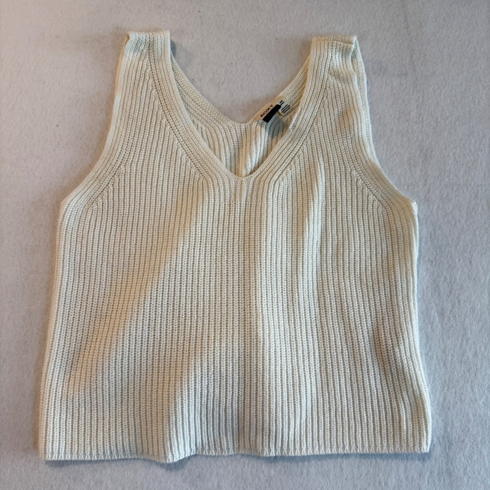 Roxy Sweater Vest Women Medium White Ribbed‎ V-Neck Knit Tank Top